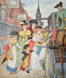 Familieliv i kolonitidens Amerika - Gadescene i Boston (akvarel på papir) af Randolph Caldecott