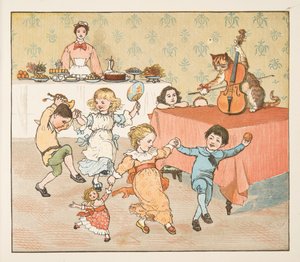 Hey, diddle, diddle, fra The Hey Diddle Diddle Picture Book, pub.1882 (farvegravering) af Randolph Caldecott