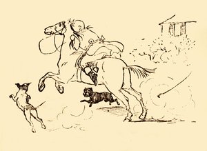 John Gilpin bliver jagtet af hunde, da hans hest galoperer ud af kontrol, 1878, c1918. af Randolph Caldecott