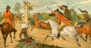 John Gilpin på sin boltrende hest bliver jagtet af forbipasserende, 1878, c1918. af Randolph Caldecott