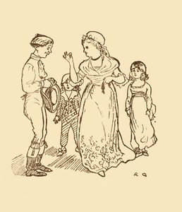 Fru Gilpin betaler postdrengen for at finde sin mand, 1878, c1918. af Randolph Caldecott