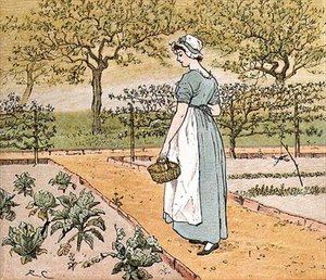 "Hun gik ud i haven for at skære et kålblad af til en æblekage", illustration fra "The Great Panjandrum Himself" (farvestik) af Randolph Caldecott