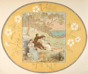 To kvinder og en mand sidder i en lysning nær kysten. Blomsterkant. af Randolph Caldecott