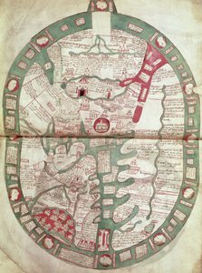 Roy.Ms.14 C. f.1 1v-2r Verdenskort med Jerusalem som centrum, Polychronicon, c.1380 (vellum) af Ranulf Higden