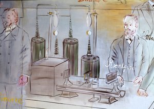 La Fee Electricite, detalje: Portrætter af Wilhelm Conrad Rontgen (1845-1923), tysk fysiker.1937 (maleri) af Raoul Dufy