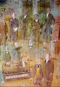 La Fee Electricite, detalje: Portrætter af forskellige intellektuelle og videnskabsfolk: Jules Francois Joubert, Elihu Thomson, Ernst Werner Siemens, Charles Proteus Steinmetz, Marcel Deprez, Gaston Plante, Gabriel Lippmann, John Kerr, Maurice Leblanc, Hum af Raoul Dufy