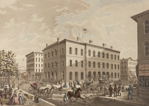 N.W. Hjørne af Dearborn og Monroe Streets, Chicago, viser postkontorbygningen i år 1865