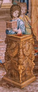 flamsk gobelin. Serie Apostlenes Gerninger. Saint Paul og Saint Barnabas i Lystra (San Pablo y San Bernabé en Lystra). 8. stof i serien, den blev delt i to for at tilpasse den til rummet. Model tegneserie af Rafael Sanzio. 1519. Fabrik Jan Raes af Raphael