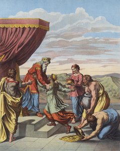 Kong Salomon modtager dronningen af Saba (farve litho) af after Raphael