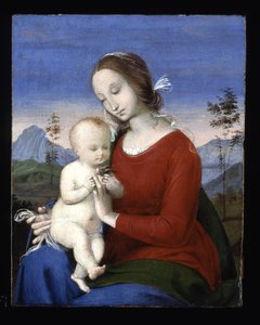 Madonna og barn med en fugl (olie på træ)