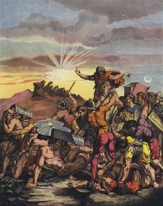 Josva beordrede Solen til at stå stille i slaget ved Gibeon under israelitternes erobring af Kanaan (farve litho) af after Raphael