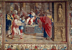 Apostlen Peter og Pauls liv: "" straffen for Barjesu (Elymas) jødiske tryllekunstner, der modsatte sig Paulus og var midlertidigt blind""" Scenen foregår foran den romerske prokonsul Lucius Sergius Paulus og Sankt Barnaba. Du kan se inskriptionen i af after Raphael