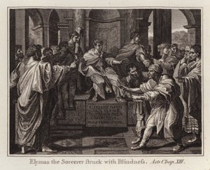Raphael tegnefilm: Elymas the Sorcerer Struck with Blindness, Acts, Chap XIII (gravering) af after Raphael