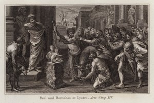 Raphael tegneserie: Paul og Barnabas i Lystra, Apostlenes Gerninger, Kap XIV (gravering) af after Raphael