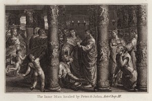 Raphael tegneserie: Den lamme mand helbredt af Peter og Johannes, Apostlenes Gerninger, Kap III (gravering) af after Raphael