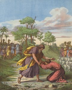 Forsoning af Jakob og Esau (farve litho) af after Raphael
