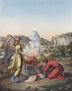 Englen dukker op foran Gideon (farve litho) af after Raphael