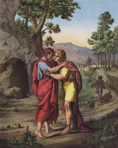 Det sidste møde mellem David og Jonathan (farve litho) af after Raphael