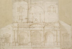 Arkitektonisk design (Villa Madama) (pen og brunt blæk med brun vask på råhvidt papir) af Raphael