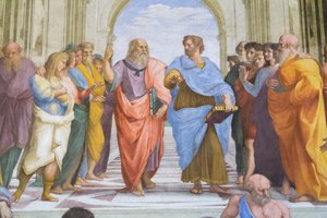 Aristoteles og Platon: detaljer fra Skolen i Athen i Stanza della Segnatura