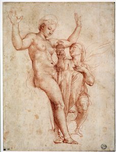 Psyche præsenterer for Venus Styxens vand. Tegning a la sanguine af Raffaello Sanzio dit Raphael (1483-1520)