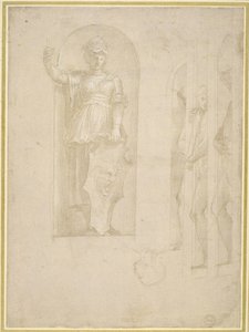 Studier til en figur af Minerva og andre statuer (sølvspids med hvid forhøjning på papir) af Raphael