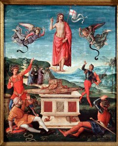 Opstandelsen (The resurrection of christ) Jesus Kristus har et pindekors i enden af hvilket et hvidt flag (standard) svæver med et rødt kors - Maleri af Raffaello Sanzio dit Raphael (1483-1520) 1501-1502 Dim 52x44 cm Sao Paulo, Museu de Arte af Raphael
