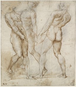 Tre nøgenbærere (studie for Kristi gravlæggelse), WA1846.173 (pen og brunt blæk over sort kridt, med rødt kridt over geometriske angivelser) af Raphael