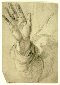 Ophøjet højre hånd, med håndfladen vendt udad: Study for Saint Peter, 1518-20 af Raphael