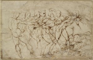 Et slag af nøgne krigere med fanger, WA1846.179 (pen og brunt blæk over sort kridt) af Raffaello Sanzio Raphael