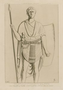 Soldat fra den 4. dalmatiske kohorte. Basrelief fra Artillerimuseet i Paris. Unik tegning. Militære kostumer - infanteri - det vestlige imperium.