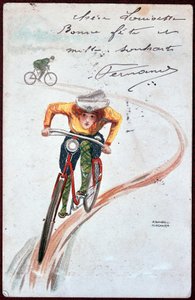 Postkort af en kvinde på cykel - tegning af R. Kirchner, ca. 1900.