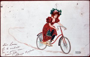 Postkort af en kvinde på cykel - illustration af R. Kirchner, v.1900