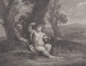 Spædbarnet Bacchus sad under et træ, holder et vinglas op, med et andet spædbarn bag..., 1780