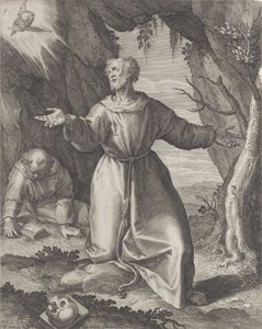Saint Francis knæler med strakte arme og ser mod en kerub øverst til venstre,..., 1599.