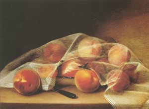 Frugtstykker med ferskner dækket af et lommetørklæde-raphaelle peale af Raphaelle Peale