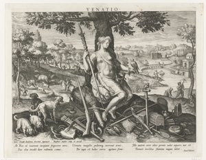Diana som protektor for jagten Venatio (titel på objekt) Prinsens vigtigste aktiviteter (serietitel) Schema, seu speculum principum (serietitel) af Raphaël Sadeler (I)