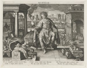 Nuptiae som personificering af ægteskabet Nvptiae (titel på objekt) Prinsens vigtigste aktiviteter (serietitel) Schema, seu speculum principum (serietitel) af Raphaël Sadeler (I)
