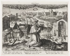 Pietas som personificeringen af ​​fromhed Pietas (titel på objekt) Prinsens vigtigste aktiviteter (serietitel) Schema, seu speculum principum (serietitel) af Raphaël Sadeler (I)
