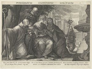 Hellig familie med Sankt Benedikt og Sankt Scholastica Kyskhedens spejl Pvrissimvm Castitatis Specvlvm (titel på objekt) Spejle af lydighed, kyskhed og fattigdom (serietitel) af Raphaël Sadeler (II)