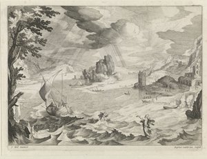 Sølandskab med Kristus og hans disciple i stormen på Galilæas Sø af Raphaël Sadeler (II)