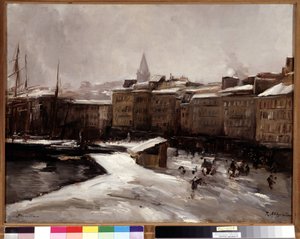 Quai du port, Marseille, under sneen Maleri af Raymond Allegre (1857-1933) Mål 56x74 cm. Obligatorisk omtale: Med venlig hilsen de Provence Marseille foundation collection af Raymond Allegre