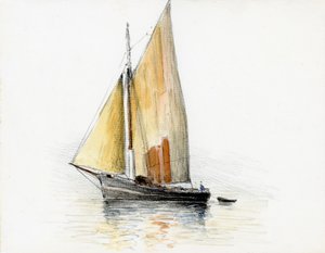 Båd (gabare) på Gironde-flodmundingen (gouache, kul og blyant på papir) af Raymond Bonnefon