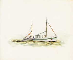 Båd på Gironde-flodmundingen (gouache og kul på papir) af Raymond Bonnefon