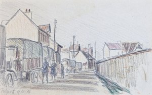 Konvoj af militærkøretøjer ved Trilport, ca. 1914-18 (blyant på papir) af Raymond Bonnefon