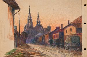 Militærlastbiler på en gade i en by i det østlige Frankrig, ca. 1914-18 (blyant på papir) af Raymond Bonnefon