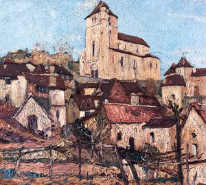 Saint-Cirq-Lapopie (Lot) (olie på træ) af Raymond Bonnefon