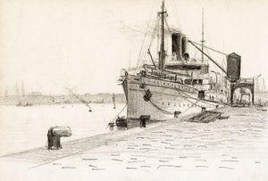 Fragtskib fortøjet i havnen i Bordeaux (trækul) af Raymond Bonnefon