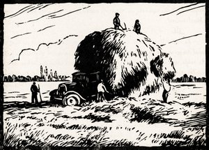 Hø-samling (linoleumssnit) af Raymond Bonnefon