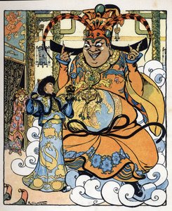 Aladdin, prinsesse Badroulboudour og ånden foran den afrikanske tryllekunstners krop: illustration til fortællingen 